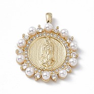 Rack Plating Brass Micro Pave Cubic Zirconia Pendants, with Plastic Imitation Pearl, Cadmium Free & Lead Free, Long-Lasting Plated, Flat Round with Religion Virgin Mary Charm, Real 18K Gold Plated, 27x22x3.5mm, Hole: 1.5x3mm(KK-G451-07G)