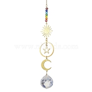 Brass Sun Moon Star Hanging Ornaments, Glass Round Tassel Suncatchers for Garden Outdoor Decooration, Golden, 230mm(HJEW-JM01950-02)