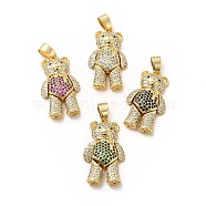 Rack Plating Brass Micro Pave Cubic Zirconia Pendants, Cadmium Free & Lead Free, Real 18K Gold Plated, Mechanical Charm, Bear Charm, Mixed Color, 29x18x7mm, Hole: 5x7mm(KK-E072-29G)