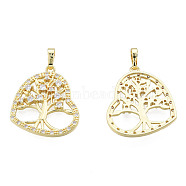 Brass Micro Pave Clear Cubic Zirconia Pendants, with Brass Snap on Bails, Nickel Free, Hollow, Heart with Tree, Real 18K Gold Plated, 21x24.5x3mm, Hole: 3x4mm(ZIRC-N039-240)
