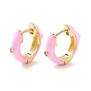 Clear Cubic Zirconia Chunky Hinged Hoop Earrings with Enamel, Brass Jewelry for Women, Cadmium Free & Nickel Free & Lead Free, Real 18K Gold Plated, Pink, 16x4mm, Pin: 1mm(EJEW-P196-20G-04)