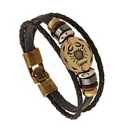 Braided Cowhide Cord Multi-Strand Bracelets, Constellation Bracelet for Men, with Wood Bead & Alloy Clasp, Cancer, 7-7/8~8-1/2 inch(20~21.5cm) (PW-WG49322-07)