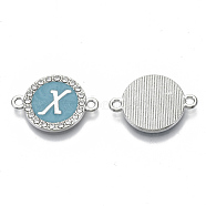 Alloy Enamel Links Connectors, with Crystal Rhinestones, Flat Round with Letter, Silver Color Plated, Letter.X, 22x16x2mm, Hole: 1.8mm(ENAM-TAC0003-01S-06X)