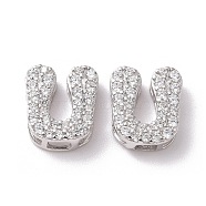 925 Sterling Silver Micro Pave Cubic Zirconia Beads, Real Platinum Plated, Letter U, 9x8x3.5mm, Hole: 2.5x1.5mm(STER-Z005-15P-U)