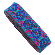 Ethnic Style Embroidery Flower Polyester Ribbon, Flat, Clothes Accessories, Deep Sky Blue, 1-1/4 inch(33mm), about 7.66 Yards(7m)/pc(WG80768-01)