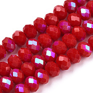 Electroplate Opaque Solid Color Glass Beads Strands, Half Rainbow Plated, Faceted, Rondelle, FireBrick, 8x6mm, Hole: 1mm, about 65~68pcs/strand, 15.7~16.1 inch(40~41cm)(EGLA-A034-P8mm-L21)
