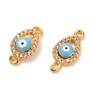 Brass Micro Pave Cubic Zirconia Links Connectors, Long-Lasting Plated, Evil Eye, Blue, Real 18K Gold Plated, 16x7.5x3mm, Hole: 1.2mm(KK-G399-18)