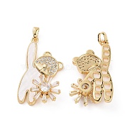 Brass Micro Pave Clear Cubic Zirconia Pendants, with White Shell, Bear with Flower Charms, Real 18K Gold Plated, 33x19x6.5mm, Hole: 2.5x4.5mm(KK-E068-VC290)