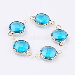 Golden Tone Brass Glass Links connectors, Faceted, Flat Round, Deep Sky Blue, 16x10.5x4mm, Hole: 1.5mm(GLAA-M004-B-14G)