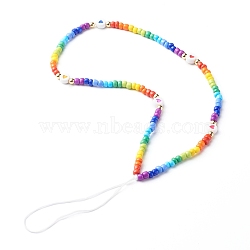 Glass Seed Beads Beaded Mobile Straps, with Brass Beads, Opaque Acrylic Beads and Braided Nylon Thread, Flat Round with Heart Pattern, Colorful, 29.3x0.7cm(HJEW-JM00517)