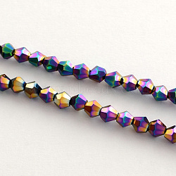 Electroplate Glass Bead Strands, Rainbow Plated, Faceted Bicone, Multi-color Plated, 3x3.5mm, Hole: 1mm, about 125~130pcs/strand, 18 inch(EGLA-R094-3mm-02)