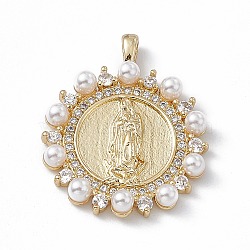 Rack Plating Brass Micro Pave Cubic Zirconia Pendants, with Plastic Imitation Pearl, Cadmium Free & Lead Free, Long-Lasting Plated, Flat Round with Religion Virgin Mary Charm, Real 18K Gold Plated, 27x22x3.5mm, Hole: 1.5x3mm(KK-G451-07G)