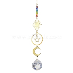 Brass Sun Moon Star Hanging Ornaments, Glass Round Tassel Suncatchers for Garden Outdoor Decooration, Golden, 230mm(HJEW-JM01950-02)