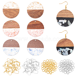 DIY Earring Making Kit, Including Flat Round Resin & Walnut Wood Pendants, Two Tone with Shell Chips, Brass Earring Hooks and Open Jump Rings, Mixed Color, Pendants: 38.5x3.5mm, Hole: 2mm, 8pcs/box(DIY-OC0007-30)