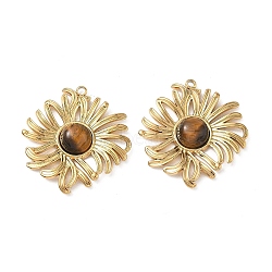 304 Stainless Steel Pendants, with Natural Tiger Eye, Chrysanthemum Charms, Ion Plating(IP), Real 18K Gold Plated, 30.5x28x6mm, Hole: 1.6mm(SA-CBA11D7-01G)