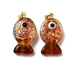 Handmade Dichroic Foil Lampwork Pendants, with Brass Findings, Fish Charm, Saddle Brown, 22.5~23.5x12.5~13x8.5~9.5mm, Hole: 4.5x4mm(X2-DICH-G001-01G-02)