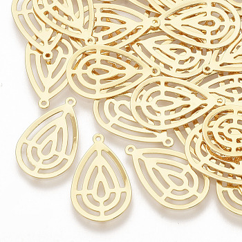 Brass Filigree Pendants, Hollow, Real 18K Gold Plated, Flat Round, 22x14x0.5mm, Hole: 1mm