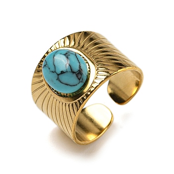 304 Stainless Steel Open Cuff Rings, Synthetic Turquoise Oval Wide Band Rings for Women Men, Real 18K Gold Plated, Adjustable