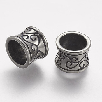 304 Stainless Steel Beads, Column, Large Hole Beads, Antique Silver, 11.5x9mm, Hole: 8.5mm