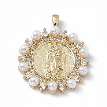 Rack Plating Brass Micro Pave Cubic Zirconia Pendants, with Plastic Imitation Pearl, Cadmium Free & Lead Free, Long-Lasting Plated, Flat Round with Religion Virgin Mary Charm, Real 18K Gold Plated, 27x22x3.5mm, Hole: 1.5x3mm