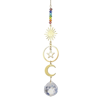 Brass Sun Moon Star Hanging Ornaments, Glass Round Tassel Suncatchers for Garden Outdoor Decooration, Golden, 230mm