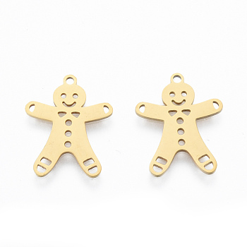 201 Stainless Steel Pendants, Gingerbread Man, Christmas Style, Real 18K Gold Plated, 20x16x1mm, Hole: 1.4mm