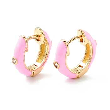 Clear Cubic Zirconia Chunky Hinged Hoop Earrings with Enamel, Brass Jewelry for Women, Cadmium Free & Nickel Free & Lead Free, Real 18K Gold Plated, Pink, 16x4mm, Pin: 1mm