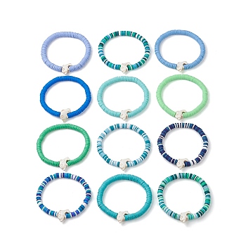 12Pcs 12 Colors Polymer Clay Heishi Sufer Stretch Necklaces Set, Synthetic Turquoise Dolphin Stackable Bracelets, Mixed Color, Inner Diameter: 2-1/8 inch(5.3cm), 1Pc/color
