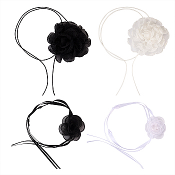 4Pcs 4 Styles Cloth & Polyester Flower Collar Choker Necklaces Set for Women Bride Wedding Party, Black and White, 43.90~50.20 inch(111.5~127.5cm), 1Pc/style