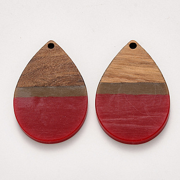 Resin & Walnut Wood Pendants, Waxed, Teardrop, Red, 36x25x3mm, Hole: 2mm