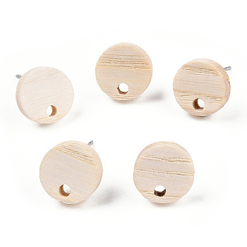 Ash Wood Stud Earring Findings, with 304 Stainless Steel Pin, Round, 10.5mm, Hole: 1.8mm, Pin: 0.7mm