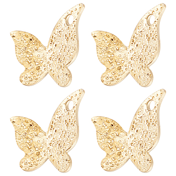 60Pcs Brass Charms, Long-Lasting Plated, Textured, Butterfly, Real 24K Gold Plated, 9.5x10.5x0.8mm, Hole: 1.2mm