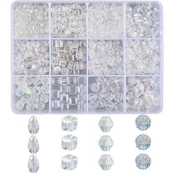 12 Style Electroplate Glass Beads, AB Color Plated, Faceted, Mix-shaped, AB Color Plated, 905pcs/box