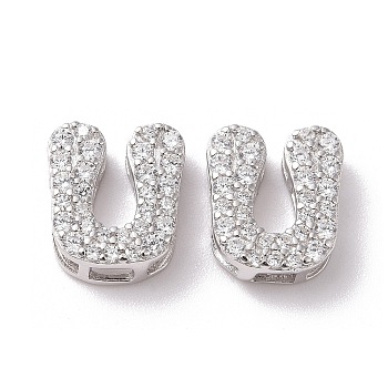 925 Sterling Silver Micro Pave Cubic Zirconia Beads, Real Platinum Plated, Letter U, 9x8x3.5mm, Hole: 2.5x1.5mm