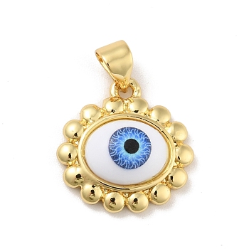 Brass Pendants, with Acrylic, Cadmium Free & Lead Free, Long-Lasting Plated, Oval with Evil Eye, Real 18K Gold Plated, Royal Blue, 16x16.5x5.5mm, Hole: 4x3.5mm