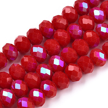 Electroplate Opaque Solid Color Glass Beads Strands, Half Rainbow Plated, Faceted, Rondelle, FireBrick, 8x6mm, Hole: 1mm, about 63~65pcs/strand, 39~40cm