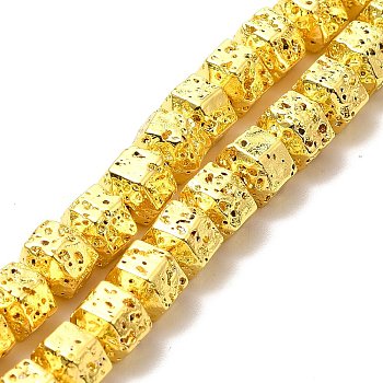 Electroplated Natural Lava Rock Beads Strands, Hexagon, Golden Plated, 6.5x7.5x6mm, Hole: 1mm, about 66~67pcs/strand, 15.28~15.35 inch(38.8~39cm)