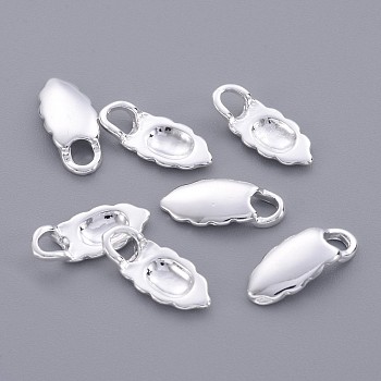 Glue-on Flat Pad Bails, Brass, Leaf Shape, Silver Color Plated, Nickel Free, about 6mm wide, 14mm long, 1mm thick, hole: 2.5mm