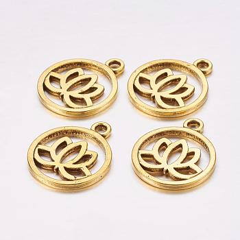 Tibetan Style Filigree Alloy Pendants, Flat Round with Lotus, Cadmium Free & Lead Free, Antique Golden, 24x20x1.5mm, Hole: 2.3mm