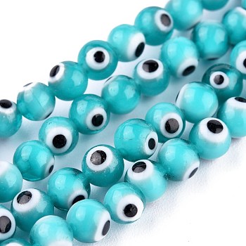 Handmade Evil Eye Lampwork Round Bead Strands, Turquoise, 6mm, Hole: 1mm, about 64pcs/Strand, 14.57''(37cm)