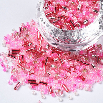 Glass Seed Beads, Mixed Style, Mixed Shapes, Hot Pink, 1~7x2~4mm, Hole: 0.7~1mm, about 450g/pound