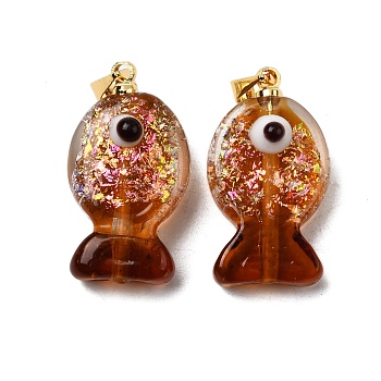 Handmade Dichroic Foil Lampwork Pendants, with Brass Findings, Fish Charm, Saddle Brown, 22.5~23.5x12.5~13x8.5~9.5mm, Hole: 4.5x4mm