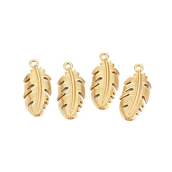 Ion Plating(IP) 304 Stainless Steel Pendants, Leaf, Nickel Free, Real 18K Gold Plated, 35.5x15.5x2.5mm, Hole: 2.5mm