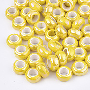 Electroplate Porcelain Beads, Large Hole Beads, AB Color Plated, Rondelle, Yellow, 12~13x6.5mm, Hole: 6mm(X-PORC-T003-01-09)