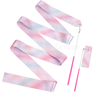 Polycotton Dance Ribbons with Wand, Sparkling Rhythmic Gymnastic Ribbon Streamer for Kids, Pearl Pink, 2270mm(AJEW-WH0347-35)