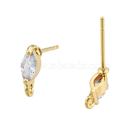 Brass Pave Clear Cubic Zirconia Stud Earring Findings, with Vertical Loops, Horse Eye, Nickel Free, Golden, 9x3mm, Hole: 1.2mm, Pin: 0.8mm(KK-N231-419)