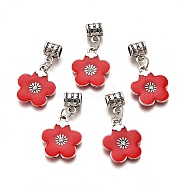 Alloy Enamel European Dangle Beads, with Rhinestone, Large Hole Pendants, Lead Free & Cadmium Free, Flower, Red, 34mm, flower: 21x18x3mm, Hole: 4.5mm(ENAM-F139-01A-AS-RS)