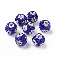 Polymer Clay Rhinestone Beads, Pave Disco Ball Beads, Round with Flower, Sapphire, 16mm, Hole: 1.6~1.8mm(RB-L029-03D)