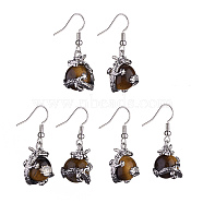 Natural Tiger Eye Dragon Dangle Earrings, Platinum Brass Jewelry for Women, 36mm, Pin: 0.6mm(EJEW-A092-12P-13)
