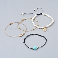 Bracelets Sets, with Nylon Cord, Synthetic Turquoise Beads, Pearl Beads and Brass Findings, 2"~3-1/8"(5~7.8cm), 7"~7-1/8"(17.9~18.2cm), 4pcs/set(BJEW-JB04351)